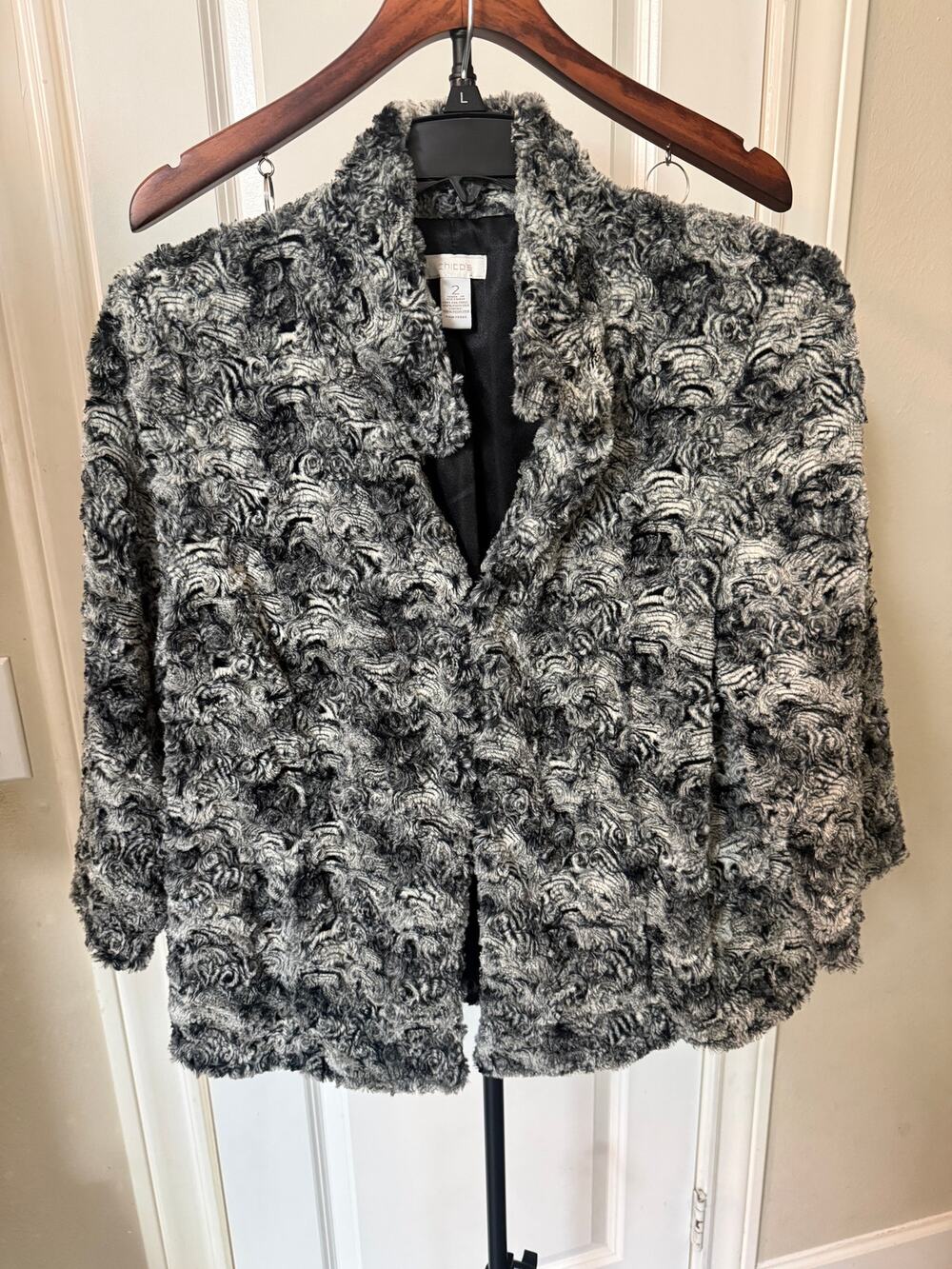 Chico's Women's Size 2 Gray Black Faux Fur Feel Hook Eye Jacket